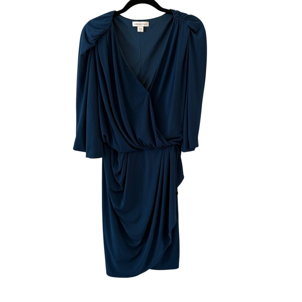 Coldwater Creek Draped Wrap Dress Womens 10 Blue Dolman Sleeve Jersey Cocktail